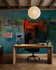 City Submerged teal abstract cityscape wallpaper adding character to a cozy bedroom