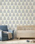 Clipped Dreams blue botanical tree wallpaper as a feature wall in a bright home office