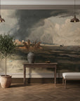Vintage landscape mural wallpaper featuring stormy skies and coastal scenery in moody gray and cream tones