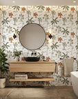 Coastal Echoes wave pattern wallpaper creating ambiance in a serene bathroom