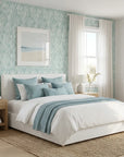 Coastal Mint sage green abstract rain wallpaper adding character to a cozy bedroom