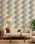 Coastal Scallop dotted arch wallpaper in a warm and inviting living room