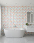 Coastal Feast coral seafood damask wallpaper creating ambiance in a serene bathroom