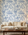 Cobalt Bloom bold blue chinoiserie floral wallpaper in a warm and inviting living room