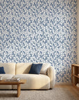 Smooth white and blue botanical leaf peel and stick wallpaper - Cobalt Leaf