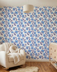 Cobalt Meadow blue floral peel and stick wallpaper adding character to a cozy bedroom