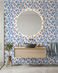 Cobalt Meadow blue floral peel and stick wallpaper as a feature wall in a bright home office