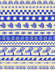 Self-adhesive wallpaper featuring blue and cream bohemian doodle-style stripes.