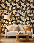 Coco Bloom tropical fruit floral wallpaper in a warm and inviting living room