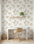 Cocoa Grove warm tropical wallpaper as a feature wall in a bright home office