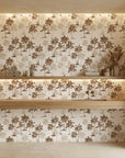 Colonial Palms classic sepia palm wallpaper creating ambiance in a serene bathroom