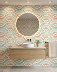 Confetti Fan dotted art deco wallpaper creating ambiance in a serene bathroom