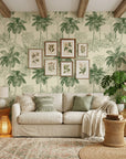 Conservatory Greens green tropical palm wallpaper in a warm and inviting living room