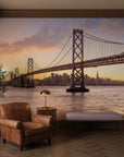 Copper Crossing wallpaper mural featuring San Francisco Bay Bridge at golden sunset in modern living room