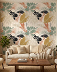 Copper Fronds metallic palm wallpaper in a warm and inviting living room