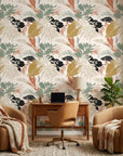 Copper Fronds metallic palm wallpaper as a feature wall in a bright home office