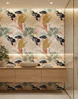 Copper Fronds metallic palm wallpaper creating ambiance in a serene bathroom