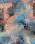Copper Storm blue and copper abstract wallpaper creating ambiance in a serene bathroom