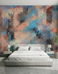 Copper Storm blue and copper abstract wallpaper in a warm and inviting living room