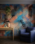 Copper Storm blue and copper abstract wallpaper adding character to a cozy bedroom