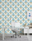 Coral Arc geometric arch wallpaper as a feature wall in a bright home office
