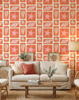 Coral Echoes geometric tile wallpaper in a warm and inviting living room