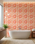 Coral Echoes geometric tile wallpaper creating ambiance in a serene bathroom