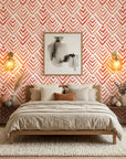 Coral Fret vibrant geometric peel and stick wallpaper in a warm and inviting living room