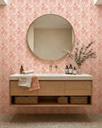 Coral Fret vibrant geometric peel and stick wallpaper as a feature wall in a bright home office