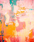 Coral & Teal vibrant pink and teal abstract wallpaper creating ambiance in a serene bathroom