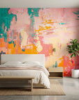 Coral & Teal vibrant pink and teal abstract wallpaper in a warm and inviting living room