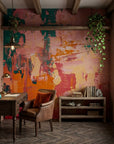 Coral & Teal vibrant pink and teal abstract wallpaper adding character to a cozy bedroom