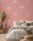 Minimalist palm tree wallpaper featuring a soft pink and cream color palette