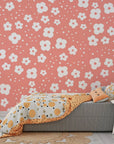 Minimalist salmon pink botanical print with a fine-textured matte finish for walls - Coral Cascade