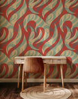 Dotted wave pattern in coral and blue colors on removable peel and stick wallpaper