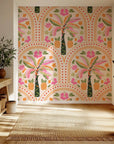Vibrant bohemian wallpaper featuring tropical palm fronds and pineapple patterns within arched frames