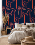 Navy blue tropical wallpaper featuring neon coral palm trees - Coral Sway