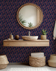 Deep blue tropical wall covering displaying vibrant coral palms