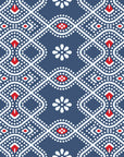 Wallpaper featuring red and navy geometric dotted pattern in the style of Bandhani tie-dye, named Cosmic Chain