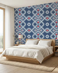Cosmic Chain blue and red geometric dot bandhani wallpaper adding character to a cozy bedroom