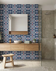 Cosmic Chain blue and red geometric dot bandhani wallpaper creating ambiance in a serene bathroom