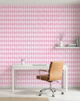 Cotton Candy pink gingham wallpaper as a feature wall in a bright home office