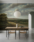 Classical landscape mural wallpaper Countryside at Dusk showing pastoral scene with dramatic clouds in dining room