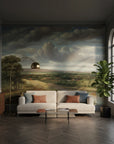 Countryside at Dusk landscape wallpaper mural with dramatic clouds and rolling hills in modern living room