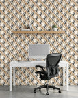 Cracked Facets neutral beige distressed diamond trellis wallpaper as a feature wall in a bright home office