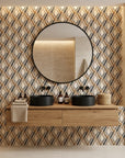 Cracked Facets neutral beige distressed diamond trellis wallpaper creating ambiance in a serene bathroom