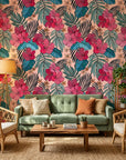 Crimson Bloom red floral wallpaper in a warm and inviting living room