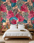 Crimson Bloom red floral wallpaper adding character to a cozy bedroom