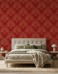 Crimson Bloom bold red botanical mural wallpaper in a warm and inviting living room