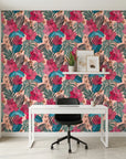 Crimson Bloom red floral wallpaper as a feature wall in a bright home office
